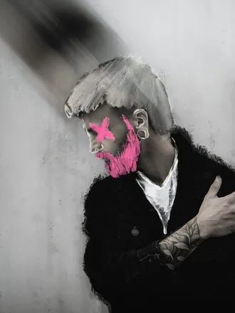 Chris in profile, a pink X over his eye and a pink painted beard