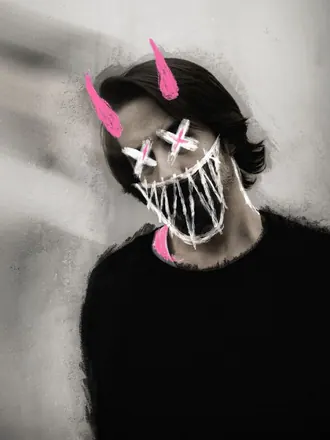 Jey, face painted with X eyes, fangs and pink horns