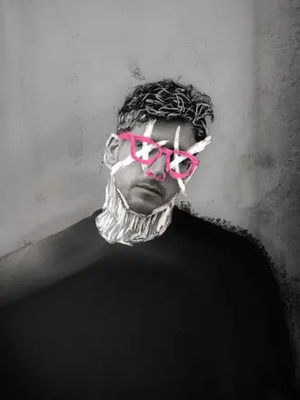 Jorge, pink X glasses drawn over his eyes