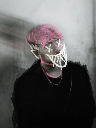 Pete, face painted over with a pink and white grin