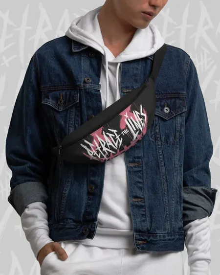 Black fanny pack with the Retrace The Lines handstyle logo over pink paint, worn across the chest